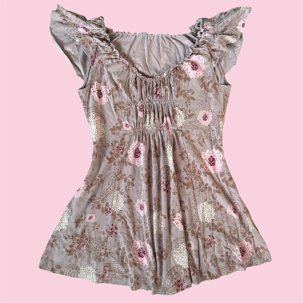 Cinnamon Girl brown and pink floral babydoll top with ruffles in a S